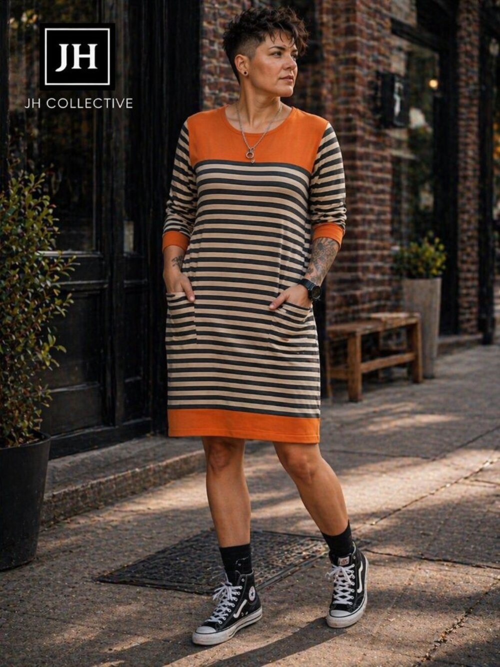JH Collective Striped Sweater Dress Medium Orange Gray Knit Pockets